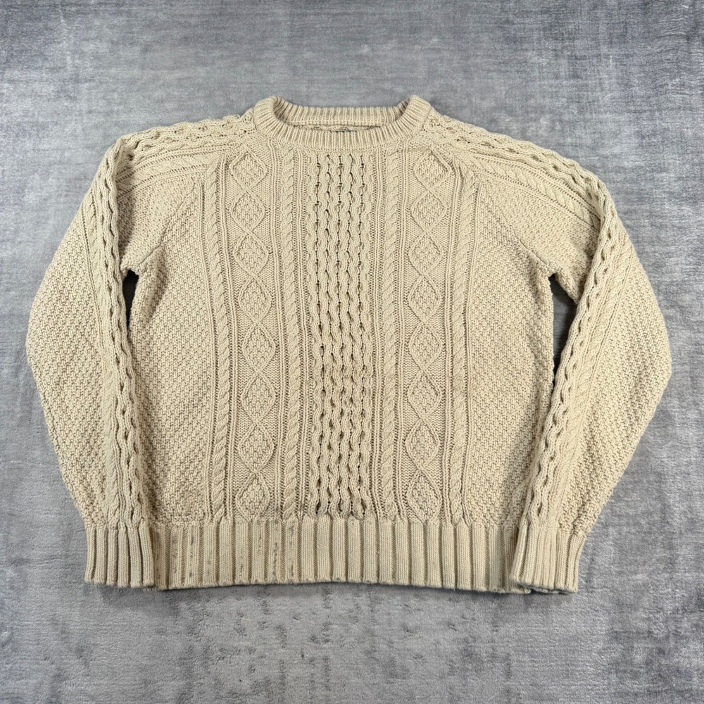 LL Bean Sweater Mens Large Cream Cotton Signature Cable Knit Fisherman Coastal